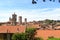 Panorama of upper city Citta Alta with hill San Vigilio and towers in Bergamo