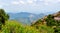 Panorama on the valley from the mountain of Montserrat. Flowers In the foreground . Valley  in mist