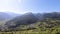 Panorama of valley Ossau with small village in the french Pyrenees mountains