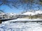 Panorama of Vegamian snowy gazebo on a lovely sunny spring day
