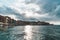 Panorama venetian harbour waterfront and Lighthouse in old harbour of Chania at sunset, Crete, Greece