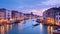 Panorama of Venice at night, Italy. Beautiful cityscape of Venice in evening. Panoramic view of Grand Canal at dusk. It is one of