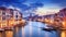 Panorama of Venice at night, Italy. Beautiful cityscape of Venice in evening. Panoramic view of Grand Canal at dusk. It is one of