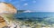 A panorama view across the chalk boulder shoreline at Hope Gap, Seaford, UK