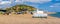 A panorama view across the commercial fishing quarter on the beach at of Hastings, Sussex
