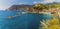 A panorama view across Monterosso al Mare, Italy from the path to Vernazza