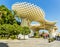 A panorama view across the Plaza of Incarnation and the mushroom shaped roof top in Seville, Spain