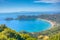 Panorama view of Agios Georgios beach in Greek island Corfu