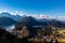 Panorama view of Bavarian Alps and Lake with the famous Hohenschwangau Castle and Alpsee lake, Schwansee lake in winter