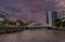 A panorama view from a boat on the Singapore river just after sunset towards the Elgin Bridge in Singapore, Asia