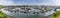 A panorama view of boats moored in the harbor in Sitka, Alaska