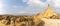 Panorama view of the Castildetierra cliff and desert grasslands in the Bardenas Reales desert in northern Spain