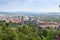 Panorama view of city Fulda with church Fulda Cathedral and Rhoen mountains in the background, Germany