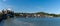 Panorama view of the Conwy Castle and bridge with the walled town and harbor behind