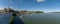 Panorama view of the Conwy Castle and bridge with the walled town and harbor behind