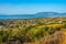 Panorama view of Corinth town and Gulf of Corinth in Greece