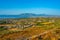 Panorama view of Corinth town and Gulf of Corinth in Greece