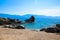 Panorama view of corsican beach with turquoise sea and rocks. Dreamlike sandy beach near Sagone Corsica