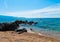 Panorama view of corsican beach with turquoise sea and rocks. Dreamlike sandy beach near Sagone Corsica