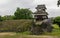 Panorama view on the damaged, destroyed and broken Wall of Castle Kumamoto. Capital of Prefecture Kumamoto, Japan