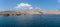 Panorama View from Dhow Boat to spectacular rocky mountains of northern Oman in Musandam in the fjords