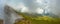 Panorama view Dolomites mountains from Seceda over Odle Puez