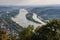 Panorama view from the Drachenburg / Drachenfelsen to the river Rhine and the Rhineland, Bonn, Germany