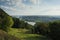 Panorama view from the Drachenburg / Drachenfelsen to the river Rhine and the Rhineland, Bonn, Germany