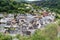 Panorama view on Eifel village Monreal with half-timber houses and river Elsbach, Germany