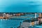 Panorama View on Elisabeth Bridge and Budapest,bridge connecting Buda and Pest parts.Night Time