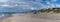 Panorama view of an empty beach near Lilleleje in northern Denmark with a small lifeguard hut