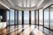 panorama view in empty modern hall with columns, doors and panoramic windows