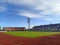 Panorama View Empty Seats on Tribunes of Daugava Stadion in Riga, Latvia.