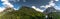 Panorama view of Engadin Valley and church in Scuol