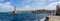 A panorama view of the entrance to the main harbour and marina in Chania, Crete on a bright sunny day