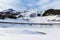 Panorama view of the frozen Davos Lake in Davos dorf