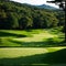 Panorama View of Golf Course with putting green in Hokkaido, Japan. Golf course with a rich green turf