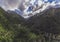 panorama with view of a green gorge in the mountains with a cloudy sky