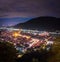 Panorama View from the Heidelberg Castle to the old town of Heidelberg at night, Baden-Wuerttemberg, Germany