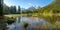 Panorama view of idyllic Taubensee near Ramsau, snow covered Hochkalter in spring, Berchtesgaden, Bavaria, Germany