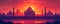 Panorama view of India with Taj Mahal at sunset. Night ancient arab city in desert