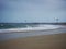 Panorama view of kitboard kitesurfing windsurfing on Grande Plage du Sillon Rochebonne beach Saint Malo Brittany France