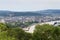 Panorama View of Koblenz with Deutsches Eck German Corner between Rhine and Moselle river and Emperor William monument statue,