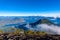 Panorama view of Lake Atitlan and volcano San Pedro and Toliman early in the morning from peak of volcano Atitlan, Guatemala. Hike