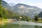 Panorama view of lake Königssee with mountains and boathouses in Berchtesgaden, Germany