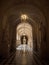 Panorama view of long hallway corridor indoor interior architecture of Versailles Castle Palace in Yvelines Paris France