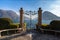 Panorama view of Lugano Lake from gate of Cancello sul Lago di Lugano in Parco Ciani park