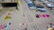 Panorama view of Monterosso al Mare village one of Cinque Terre in La Spezia, Italy. Flight along Beach view with people, umbrella