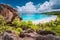 Panorama view of most spectacular tropical beach Grande Anse on La Digue Island, Seychelles. Vacation holidays lifestyle