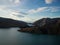 Panorama view of mountain lake nature landscape on Benmore Peninsula and Waitaki River in Canterbury New Zealand